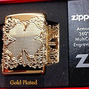 Armor Gold Plated Multi Sided Deep Carved Lucky Clover Zippo Lighter